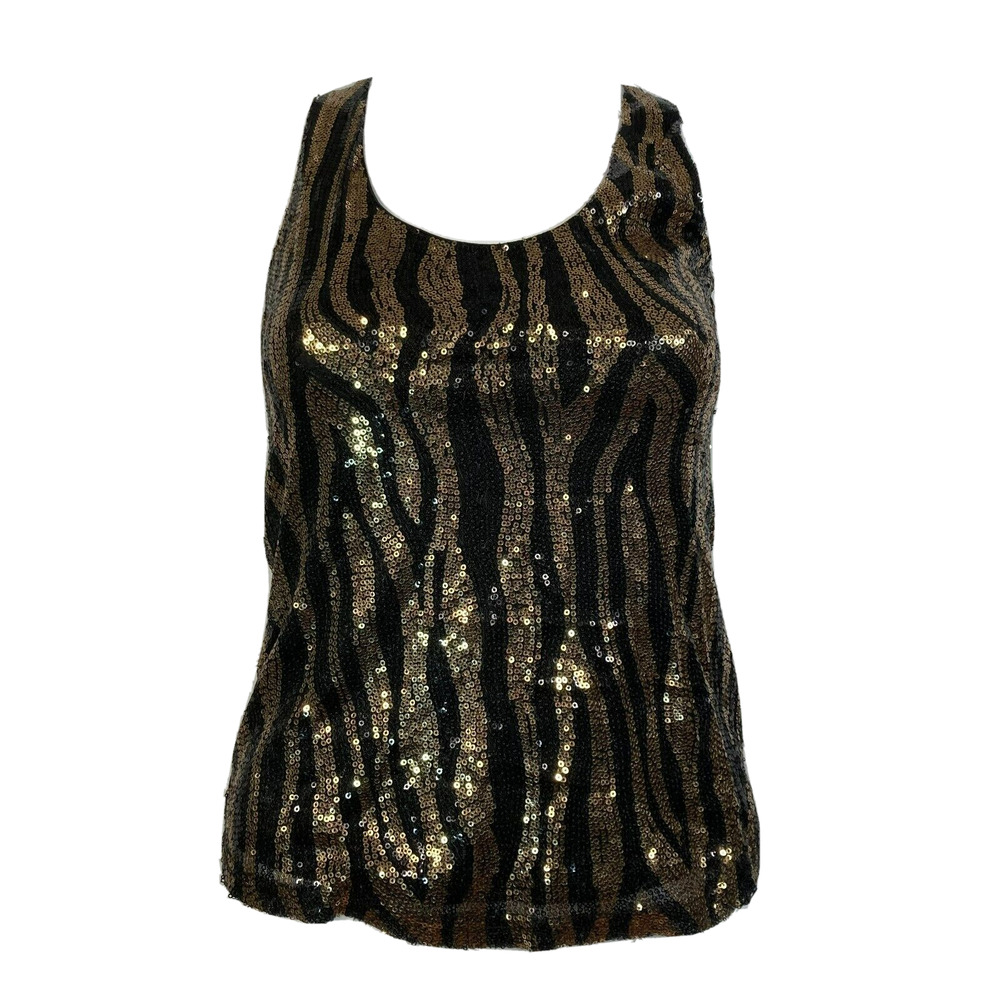 Zinga Camisole Tank Womens Sz S Black Gold‎ Zebra Sequin Keyhole Knot Back